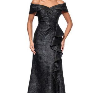 Xscape Black Metallic Ruffle One-Shoulder Jacquard Mermaid Gown